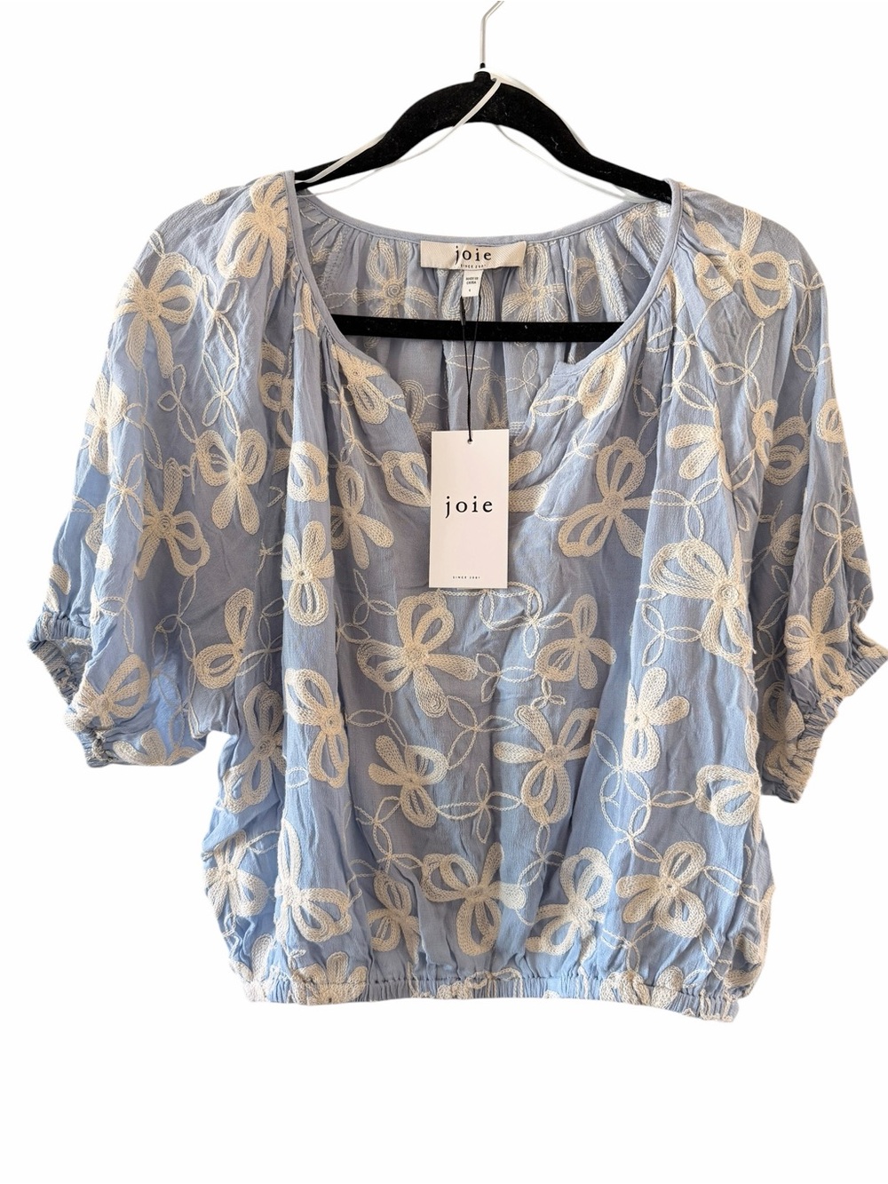Joie Light Blue Floral Embroidered Short Sleeve Peasant Top 100% rayon